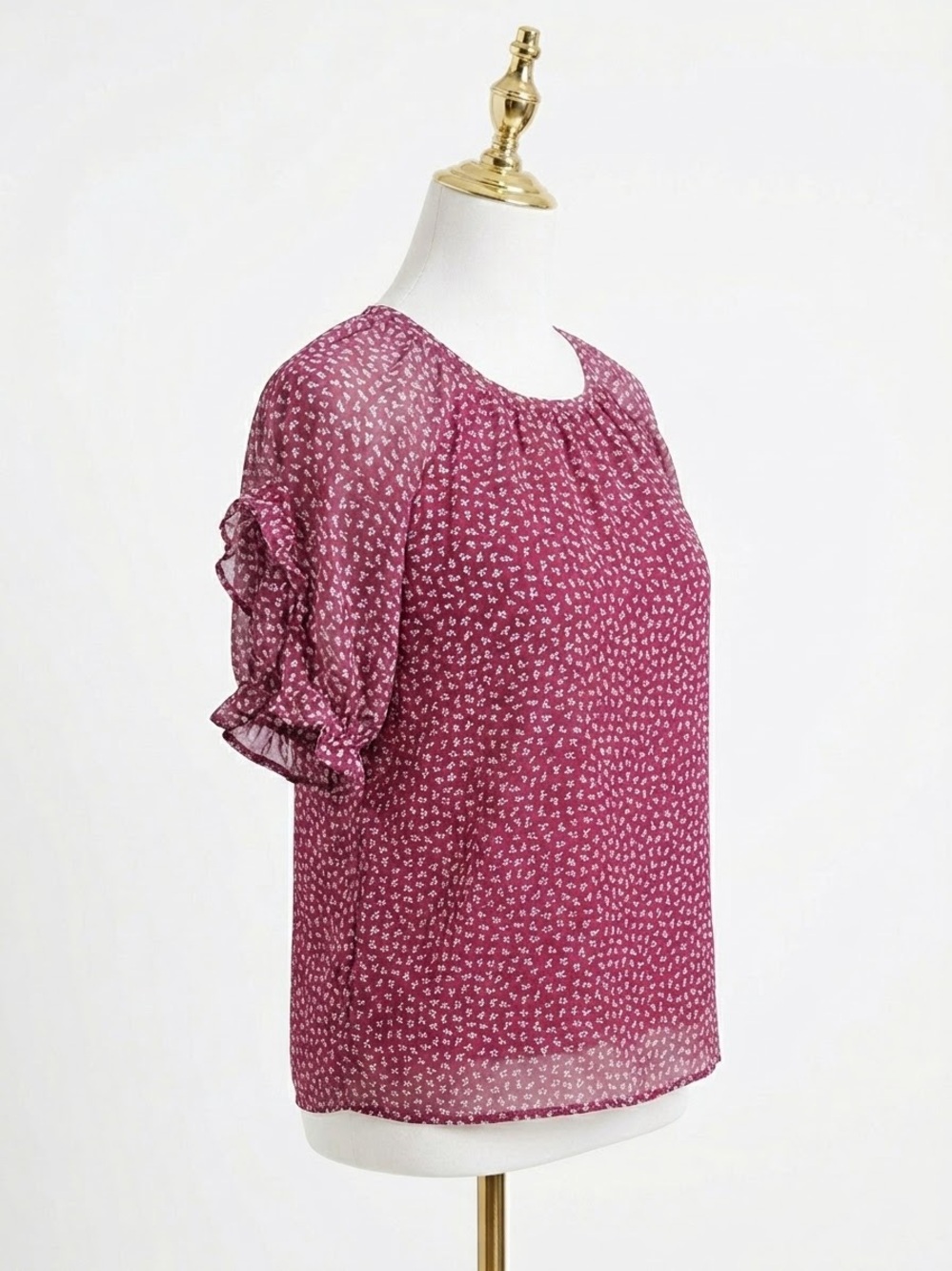 Madewell Floral Ruffle Flutter Short Sleeve Blouse Top Maroon Burgundy XS - Picture 3 of 8